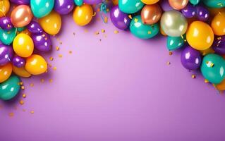 AI generated Happy Mardi Gras poster. Banner template, colourful purple, yellow, green balloons and confetti isolated on purple background, copy space. Costume party flyer for carnivals. AI Generative photo