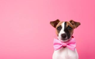 AI generated Happy puppy with a pink bow tie isolated on warm pink background, copy space at the left. AI Generative. photo
