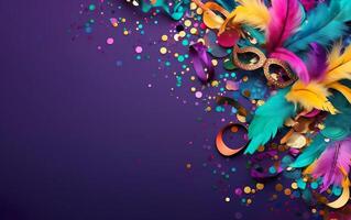 AI generated Happy Mardi Gras poster. A banner template with Venetian masquerade decorations, mask, confetti, feathers on purple background, copy space. Costume party flyer. AI Generative photo