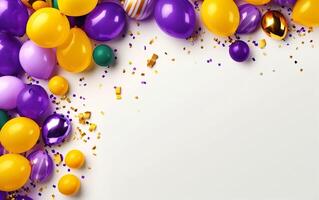 AI generated Happy Mardi Gras poster. Banner template, colourful purple, yellow balloons, confetti on white background, copy space at the right. Costume party flyer for carnivals. AI Generative photo