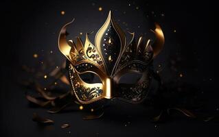 AI generated Happy Mardi Gras poster. Banner template, photorealistic golden Venetian carnival mask in the center on black background, copy space. Costume party flyer for masquerades. AI Generative photo