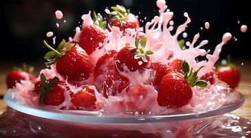 AI generated View of Beautiful delicious strawberry fruit falling in milk in a plate on a table photo