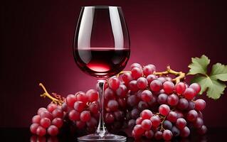 ai generado uva jugo en un vino vaso y varios frutas oscuro rosa, gris y rojo uvas a el fondo foto