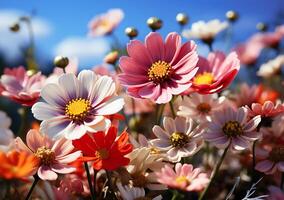 ai generado algunos vistoso flores silvestres y hermosa primavera prados en soleado verano foto