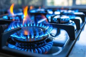 AI generated Blue kitchen gas stove flame in kitchen. photo