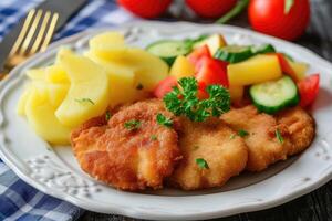 AI generated Schnitzel with potatoes and vegetables.. photo