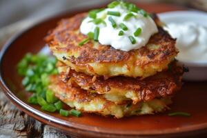 AI generated Potato pancakes or latkes or draniki with sour cream photo