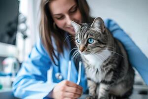 ai generado frente ver de hembra veterinario observando gato foto