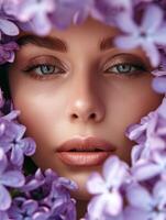 AI generated Woman beautiful face with flower lilac frame photo