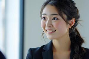 AI generated Young Japanese smiling woman in jacket. Business friendly negotiations photo