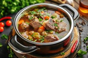 AI generated Traditional beef broth with vegetable, bones and ingredients in pot photo