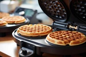 AI generated Close up of waffles baked on waffle maker iron machine. photo