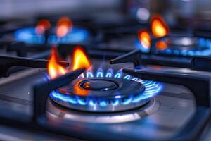ai generado azul cocina gas estufa fuego en cocina. foto