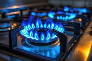 AI generated Blue kitchen gas stove flame in kitchen. photo