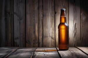 AI generated Beer advertisment background with copy space. A bottle of beer on a wooden background. photo