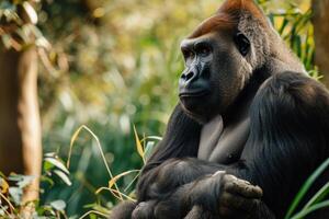 AI generated Portrait of sitting gorilla in wilderness. photo