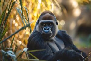 AI generated Portrait of sitting gorilla in wilderness. photo