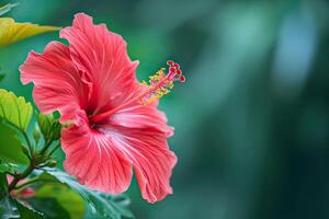 ai generado rojo hibisco flor en un verde antecedentes. en el tropical jardín. foto