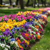 ai generado multicolor flor cama en el parque. al aire libre verano jardinería. foto