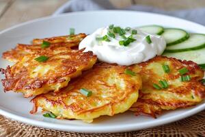 AI generated Potato pancakes or latkes or draniki with sour cream photo