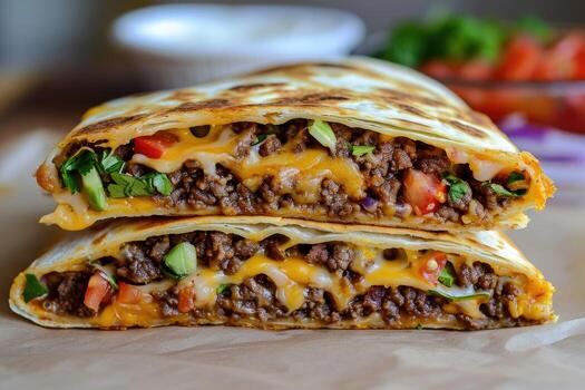 ai generado hecho en casa carne de vaca crujido envolver supremo. supremo nachos cortar en medio y apilado en cada otro foto