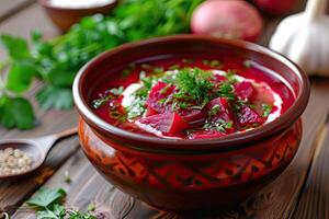 ai generado cuenco de rojo remolacha raíz sopa borscht. foto