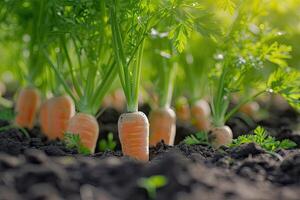 AI generated Carrot growing closeup. Close up carrots growing in field. Fresh vegetable plant of carrot. photo