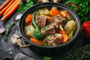 AI generated Traditional beef broth with vegetable, bones and ingredients in pot photo