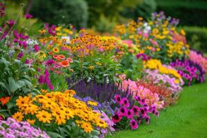 AI generated Multi-colored flower bed in the park. Outdoor summer gardening. photo