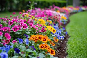 AI generated Multi-colored flower bed in the park. Outdoor summer gardening. photo