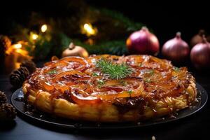 AI generated French traditional onion taste tatin with balsamic vinegar caramel and herbs photo