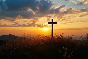 AI generated Silhouette of a cross on a hill in a mountain landscape at sunset. photo