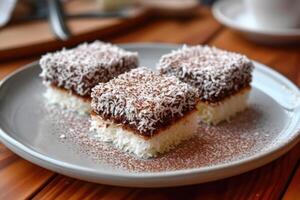 AI generated Lamingtons, sponge cake with chocolate and coconut. photo