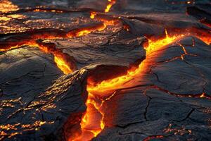 ai generado chamuscado rock piso con fundido rocas y lava grietas foto