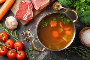 AI generated Traditional beef broth with vegetable, bones and ingredients in pot photo