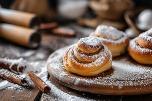 AI generated Homemade puff pastry cinnamon rolls and icing sugar. photo