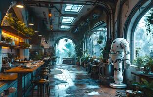 AI generated View of a Beautiful robot standing in a futuristic kitchen photo