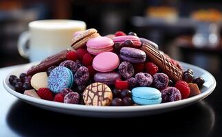 AI generated View of Beautiful delicious chocolate candy food in different styles on a plate photo