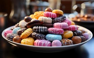 ai generado ver de hermosa delicioso chocolate caramelo comida en diferente estilos en un plato foto