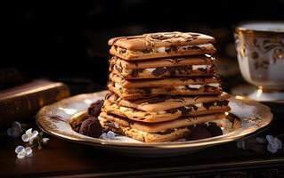 AI generated View of tasty cookies food in different layers on a plate photo