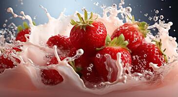 AI generated Beautiful view of delicious strawberry fruit falling in milk on a table photo