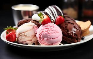 AI generated Delicious fresh Food vanilla and strawberry ice cream in different styles on a plate photo