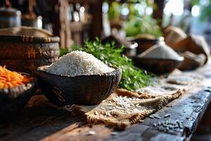 ai generado ver de hermosa Respetuoso del medio ambiente artesano blanco arroz en un transvangardia cuenco foto