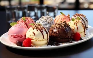 AI generated Delicious fresh Food vanilla and strawberry ice cream in different styles on a plate photo