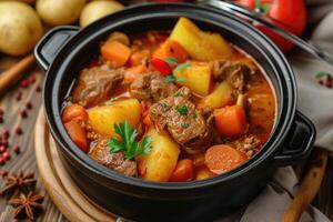 AI generated Meat stewed with potatoes, carrots and spices in pot on wooden background photo