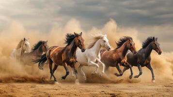 AI generated Group of horses running gallop in the desert. photo