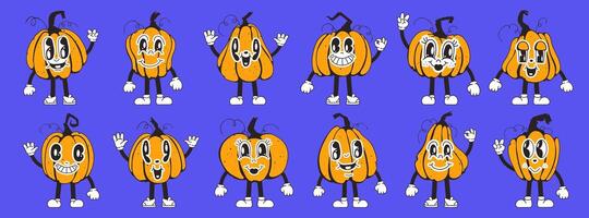 Set of pumpkin characters, orange, in retro cartoon style. Squash characters in 90s style. Autumn thanksgiving and halloween pumpkins collection vector