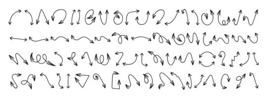 Hand drawn various curved double sided line arrows. Set of icons of coal arrows with two ends. Outline direction signs. vector
