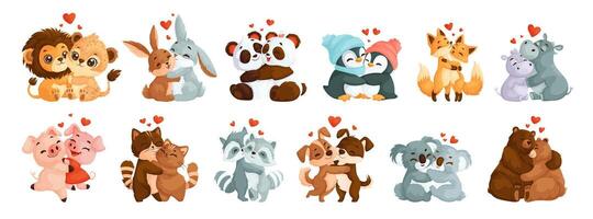 Set of cute, loving hugging animals. Lions, Hares, pandas, hippos, foxes, penguins, piglets, cats, dogs, raccoons, koalas and bears. Animal couples in love in cartoon style vector