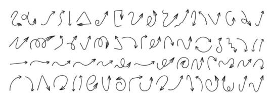 Hand drawn freehand different curved lines, swirls arrows. Doodle marker drawing, black chalk smears. Charcoal arrows icons set. Direction pointers scrawls. vector